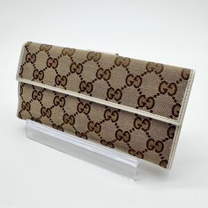 Gucci GG Canvas Flap Continental Long Wallet With Leather Trim